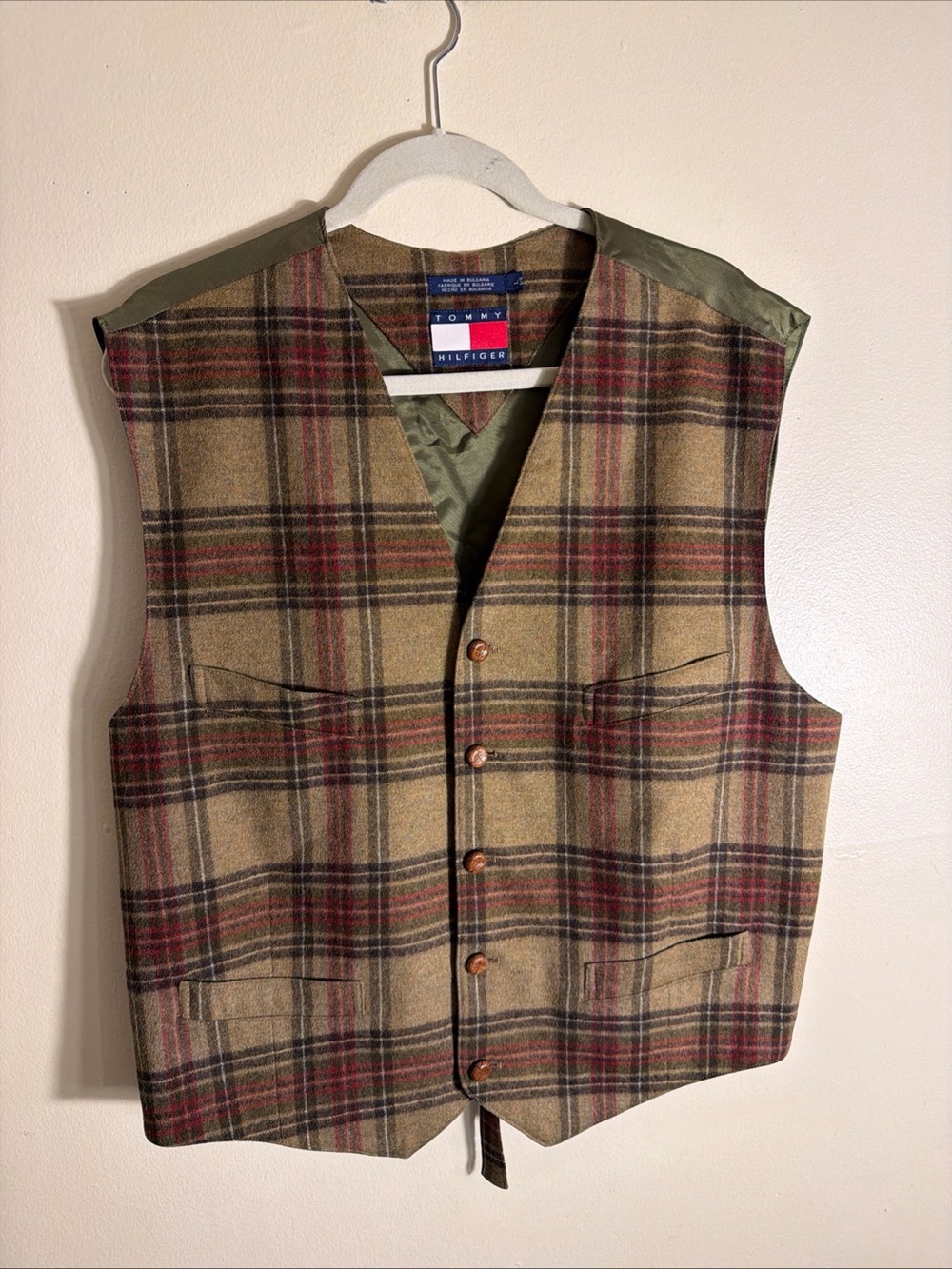 Tommy Hilfiger Men's Olive & Burgundy Plaid Wool Vest size large